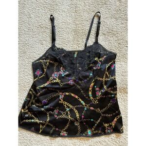 Vassarette Vintage Camisole Tank Black Chain & Jewel Lace Size Large